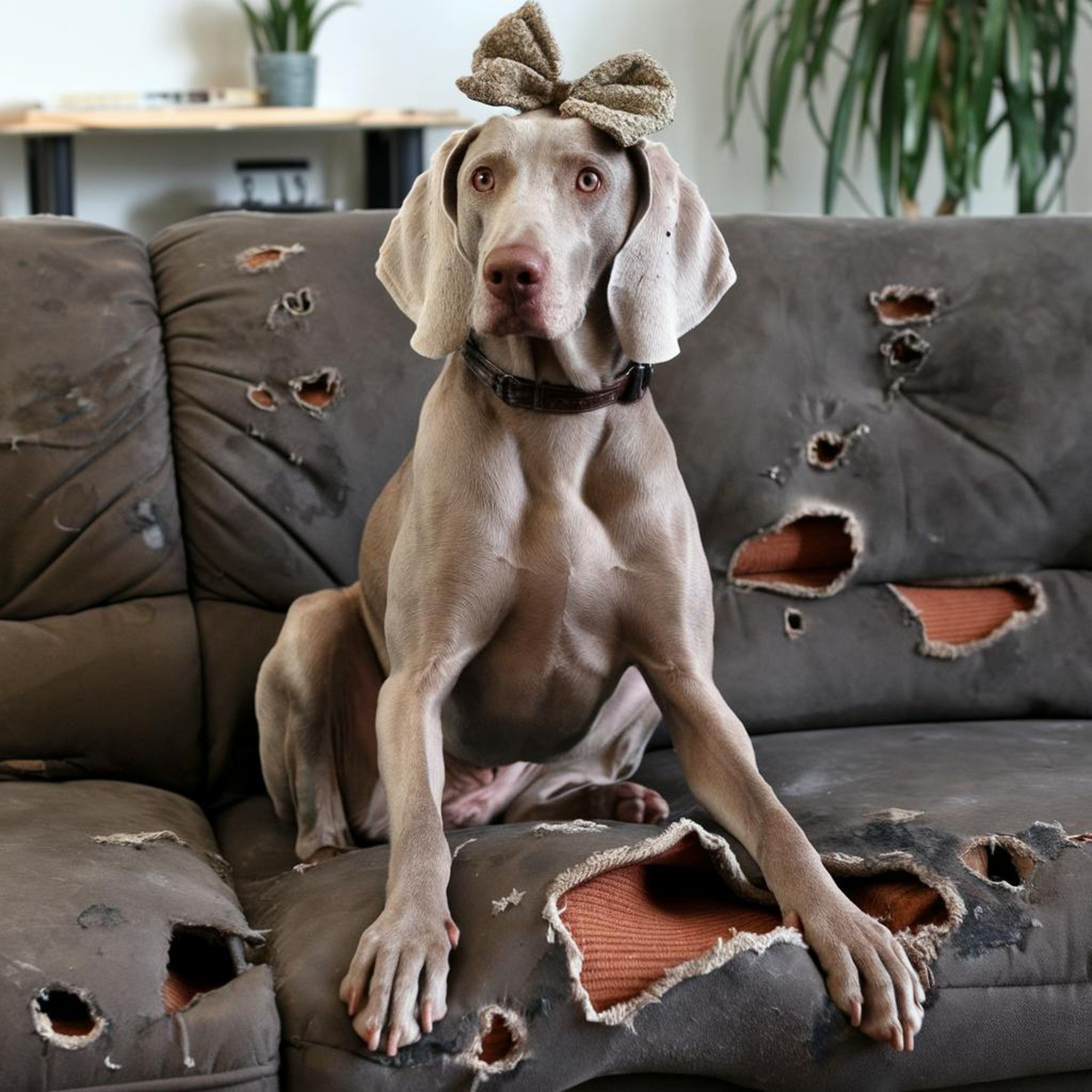 Playful Weimaraner dog with a bow sitting on a damaged couch indoors.