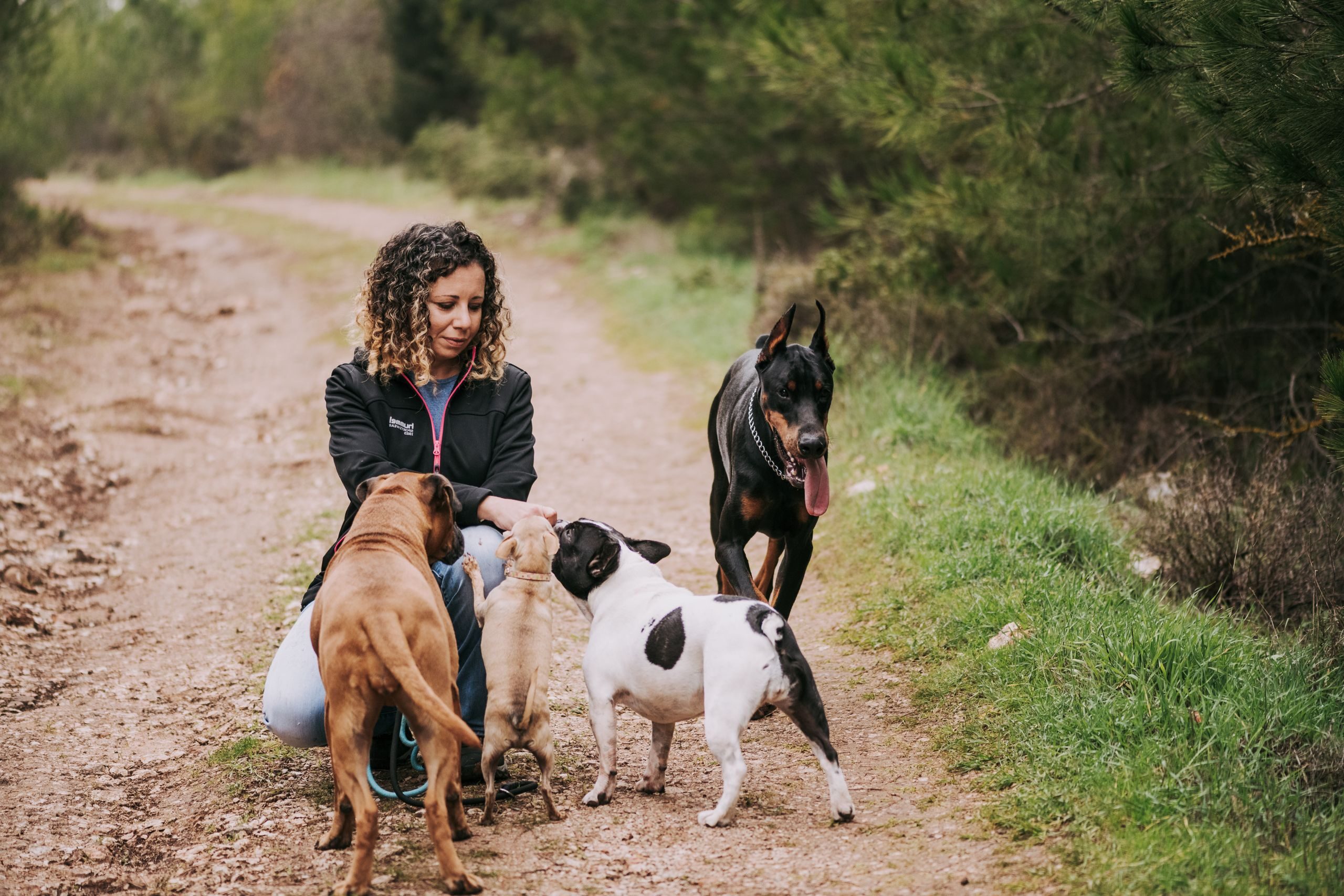 Woman interacting with dogs on a forest path during a walk.